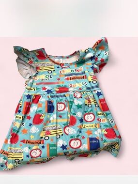 Toddler School-Themed Bubble Dress in Aqua with Red & Yellow Accents